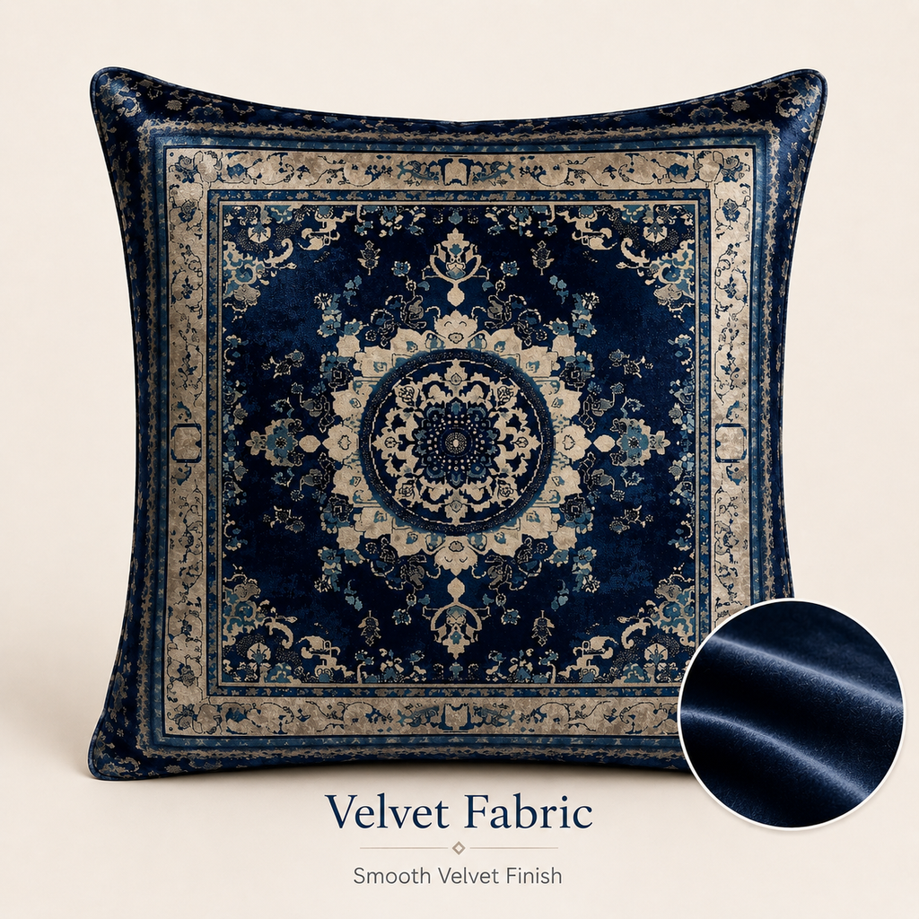 Velvet medallion pillow cover with smooth navy blue fabric finish.