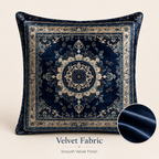 Velvet medallion pillow cover with smooth navy blue fabric finish.