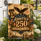 Close up view of the historic America 250 garden flag showcasing details of the eagle and vintage paper texture.