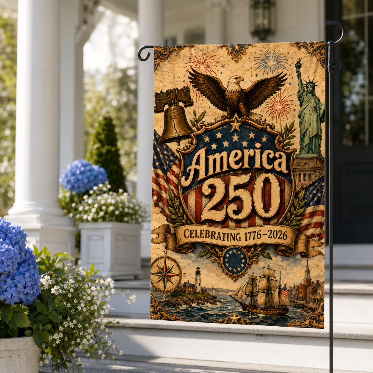 Vintage America 250 garden flag displayed on a black stand by the white porch steps with blue hydrangeas.