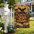Historic America 250 patriotic garden flag next to a classic white mailbox and fence in the front yard.