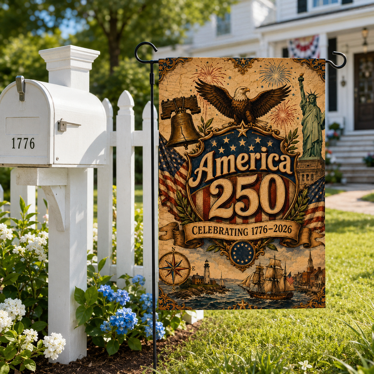 Historic America 250 patriotic garden flag next to a classic white mailbox and fence in the front yard.
