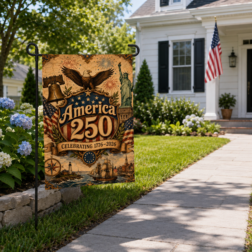 Patriotic celebrating America 250 garden flag displayed along a stone walkway with the American flag on the house.