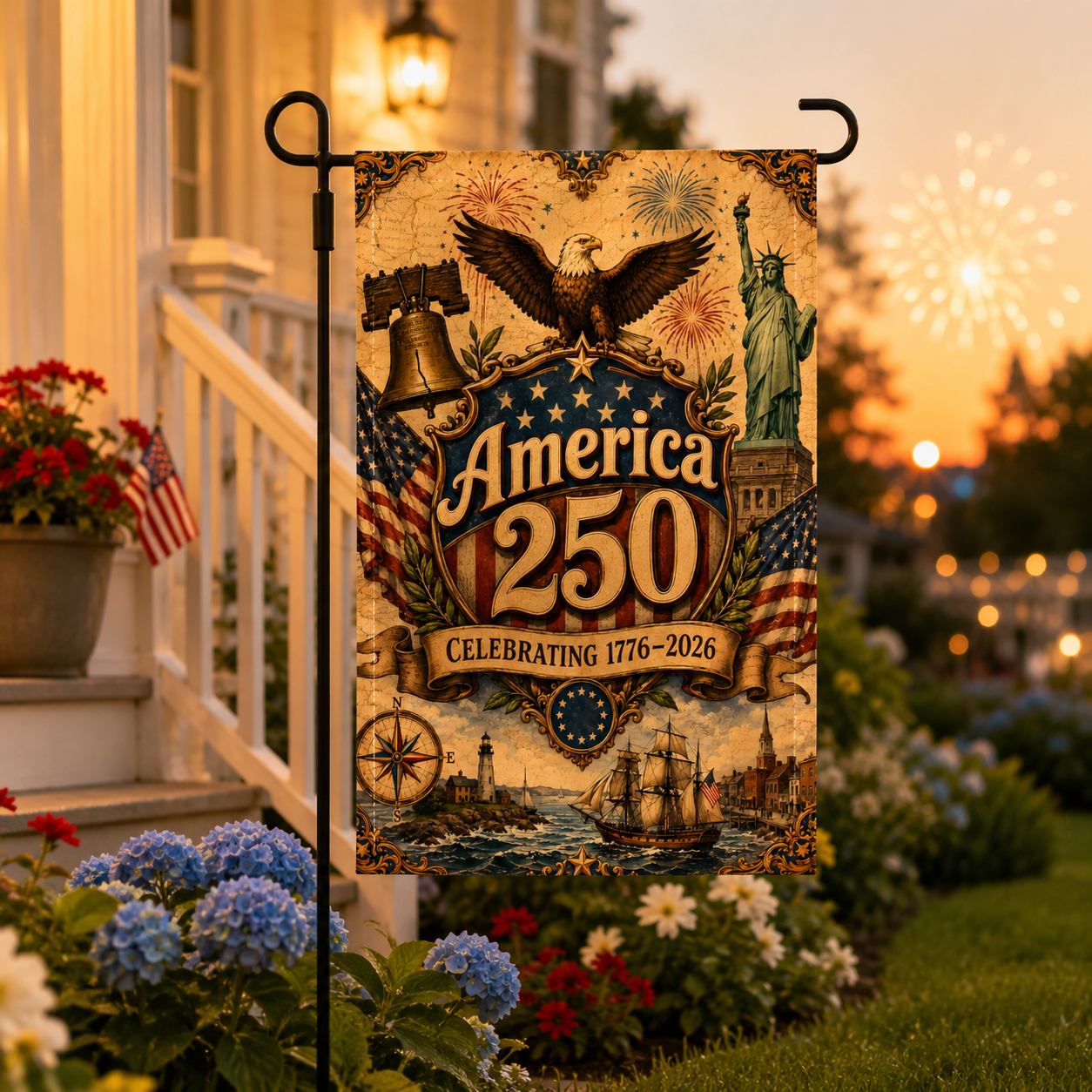 Patriotic America 250 garden flag standing in front of a house during sunset with celebratory fireworks in the background.