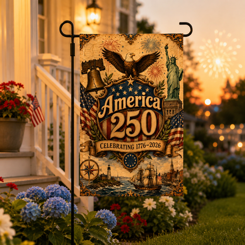 Celebrating America 250 anniversary garden flag on a lawn at sunset, framed by blue hydrangeas and glowing porch lights with fireworks in the golden evening sky.