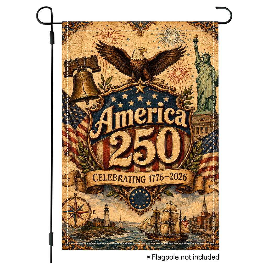 Vintage style patriotic garden flag with bald eagle, Liberty Bell, and Statue of Liberty celebrating America 250.