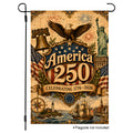 Vintage style patriotic garden flag with bald eagle, Liberty Bell, and Statue of Liberty celebrating America 250.