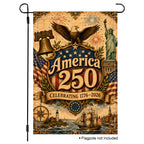 Vintage style patriotic garden flag with bald eagle, Liberty Bell, and Statue of Liberty celebrating America 250.