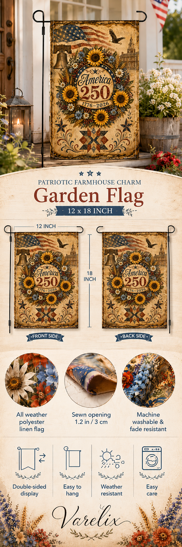 Product infographic for a 12 by 18 inch Varelix patriotic sunflower garden flag showing front and back views with material highlights.