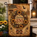 Historic America 250 garden flag featuring a vintage patriotic sunflower design displayed on a porch next to a glowing lantern.