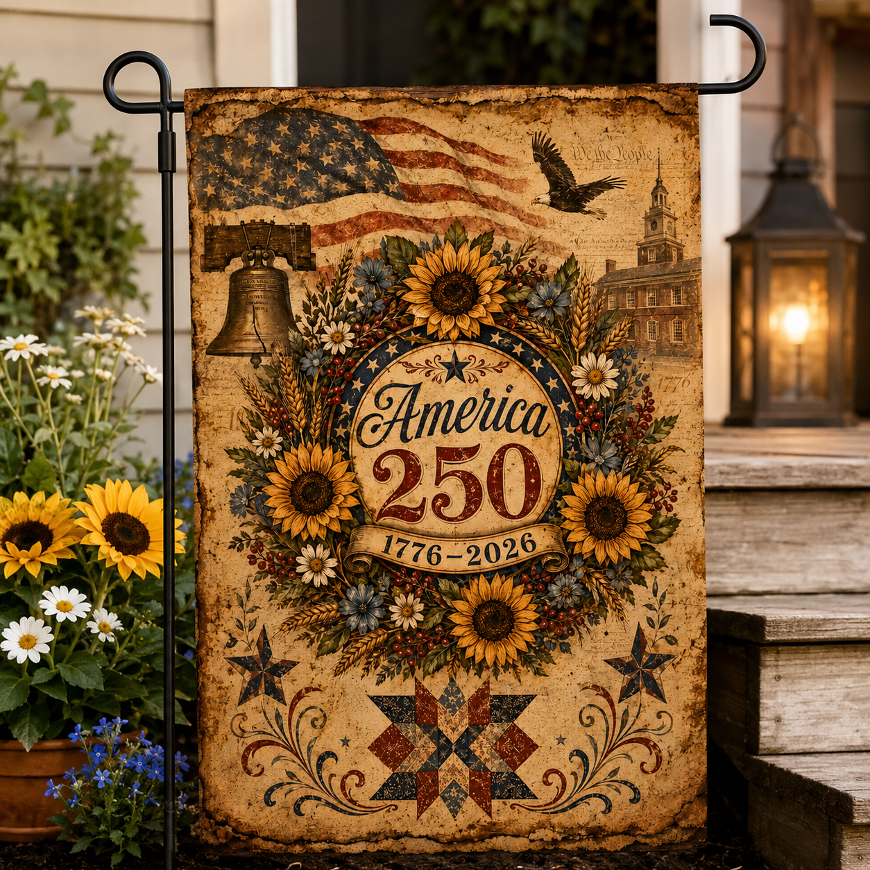 Historic America 250 garden flag featuring a vintage patriotic sunflower design displayed on a porch next to a glowing lantern.