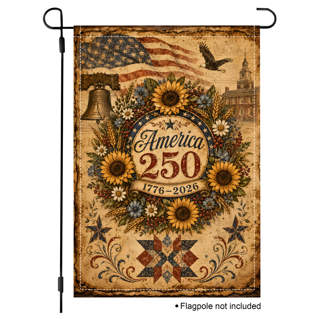 White background product mockup of a vertical patriotic garden flag celebrating America 250 with sunflowers, the Liberty Bell, and an old parchment texture.