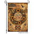White background product mockup of a vertical patriotic garden flag celebrating America 250 with sunflowers, the Liberty Bell, and an old parchment texture.