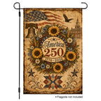 White background product mockup of a vertical patriotic garden flag celebrating America 250 with sunflowers, the Liberty Bell, and an old parchment texture.