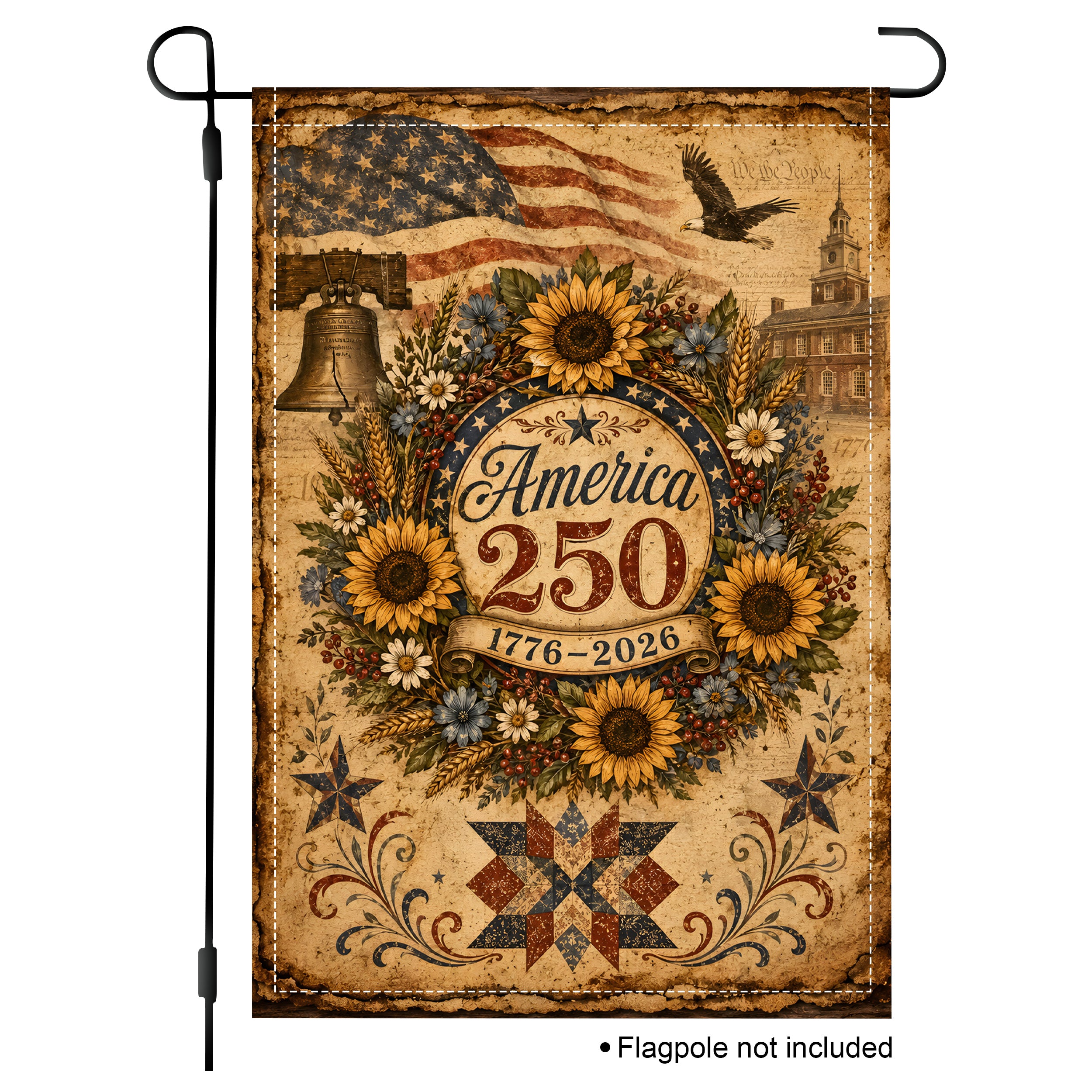 White background product mockup of a vertical patriotic garden flag celebrating America 250 with sunflowers, the Liberty Bell, and an old parchment texture.