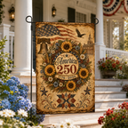 America 250 anniversary patriotic garden flag with historic sunflower design standing near the stairs of a classic white country home.