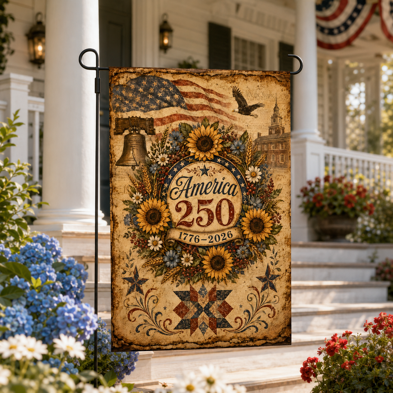 America 250 anniversary patriotic garden flag with historic sunflower design standing near the stairs of a classic white country home.