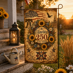 Vintage style America 250 sunflower garden flag positioned by rustic wooden steps during a warm golden hour sunset.
