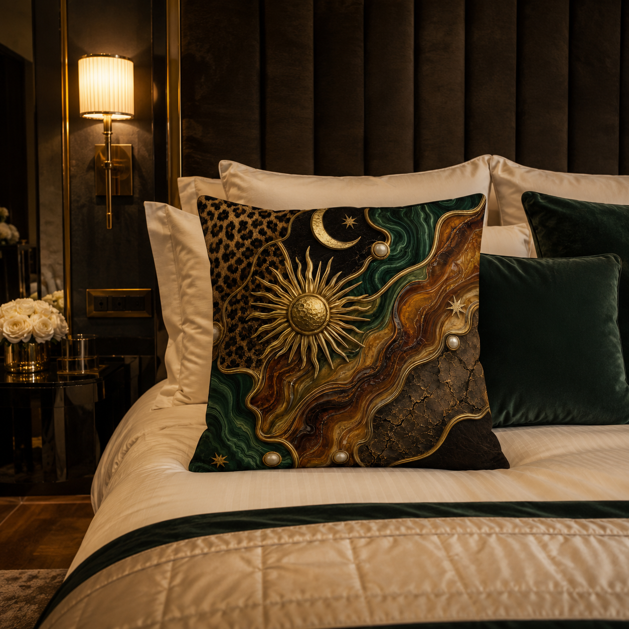 An ornate vintage astrology-themed accent pillow with a golden sun and moon pattern arranged on a luxury bed, featuring a dark brown tufted wall panel and a warm bedside lamp.