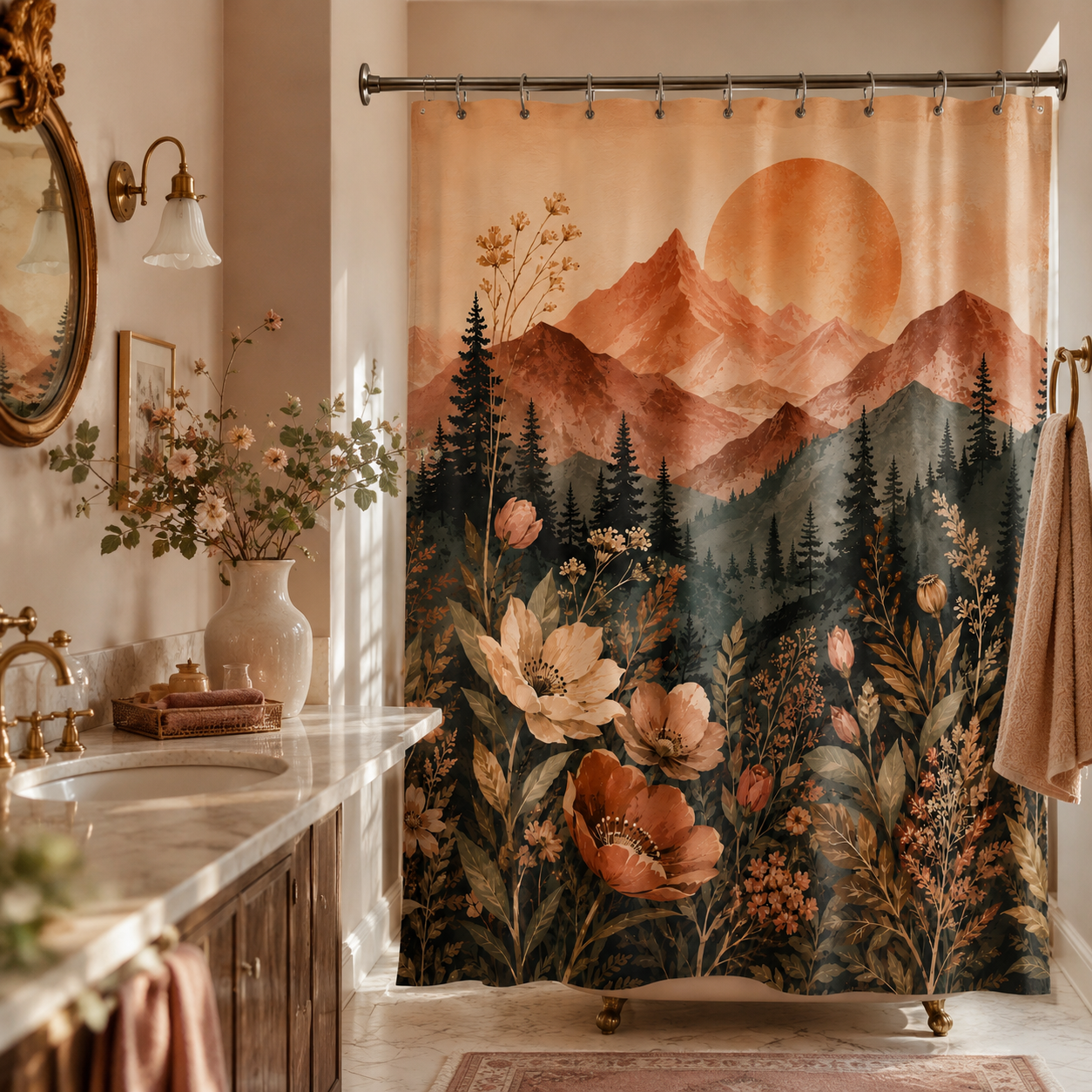 Vintage style botanical and mountain landscape art shower curtain paired with an elegant clawfoot bathtub.