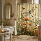 Vintage botanical mushroom and butterfly shower curtain paired with an elegant clawfoot bathtub and tiled floor.