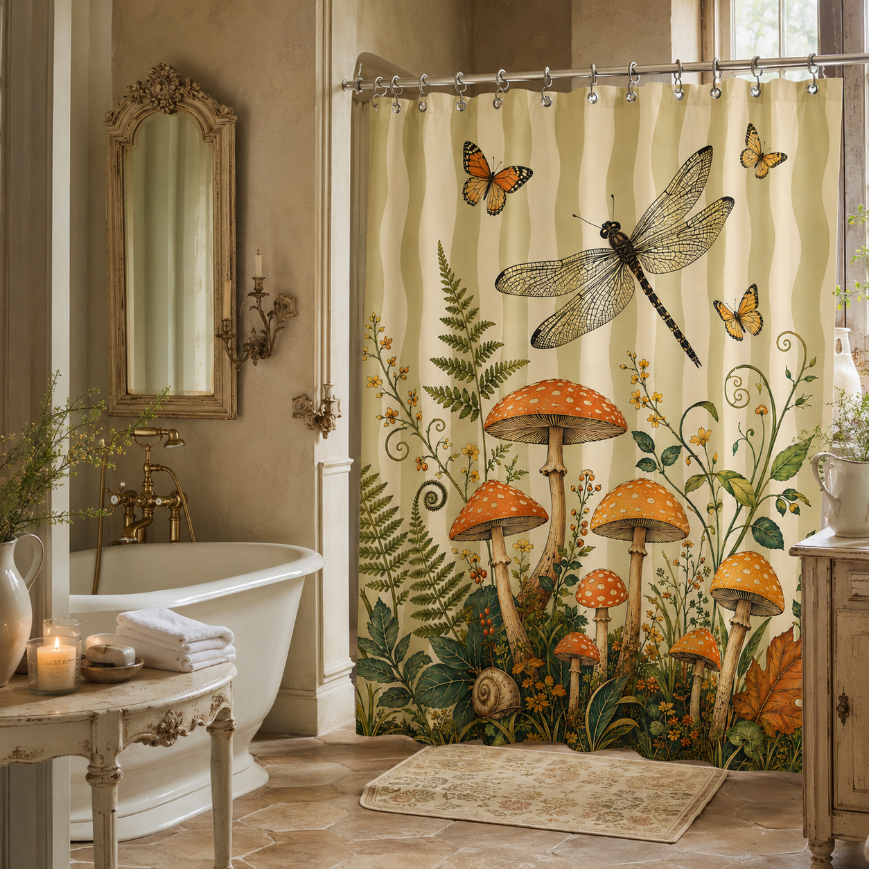 Vintage botanical mushroom and butterfly shower curtain paired with an elegant clawfoot bathtub and tiled floor.