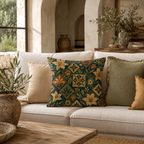 A vintage botanical tile patterned decorative throw pillow styled on a plush cream-colored sofa in a Mediterranean-style rustic living room, flanked by olive branches in clay vases.