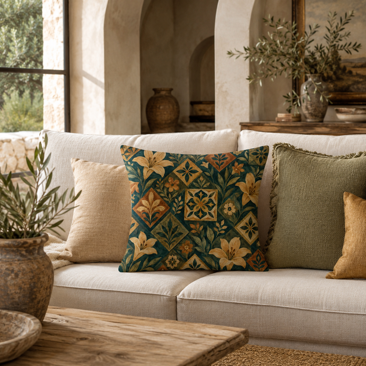 A vintage botanical tile patterned decorative throw pillow styled on a plush cream-colored sofa in a Mediterranean-style rustic living room, flanked by olive branches in clay vases.
