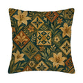 A square decorative throw pillow cover isolated on a pure white background, featuring a vintage botanical tile design with elegant lily flowers, leaves, and geometric floral grids in warm terracotta, gold, and deep forest green tones.