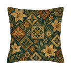 A square decorative throw pillow cover isolated on a pure white background, featuring a vintage botanical tile design with elegant lily flowers, leaves, and geometric floral grids in warm terracotta, gold, and deep forest green tones.