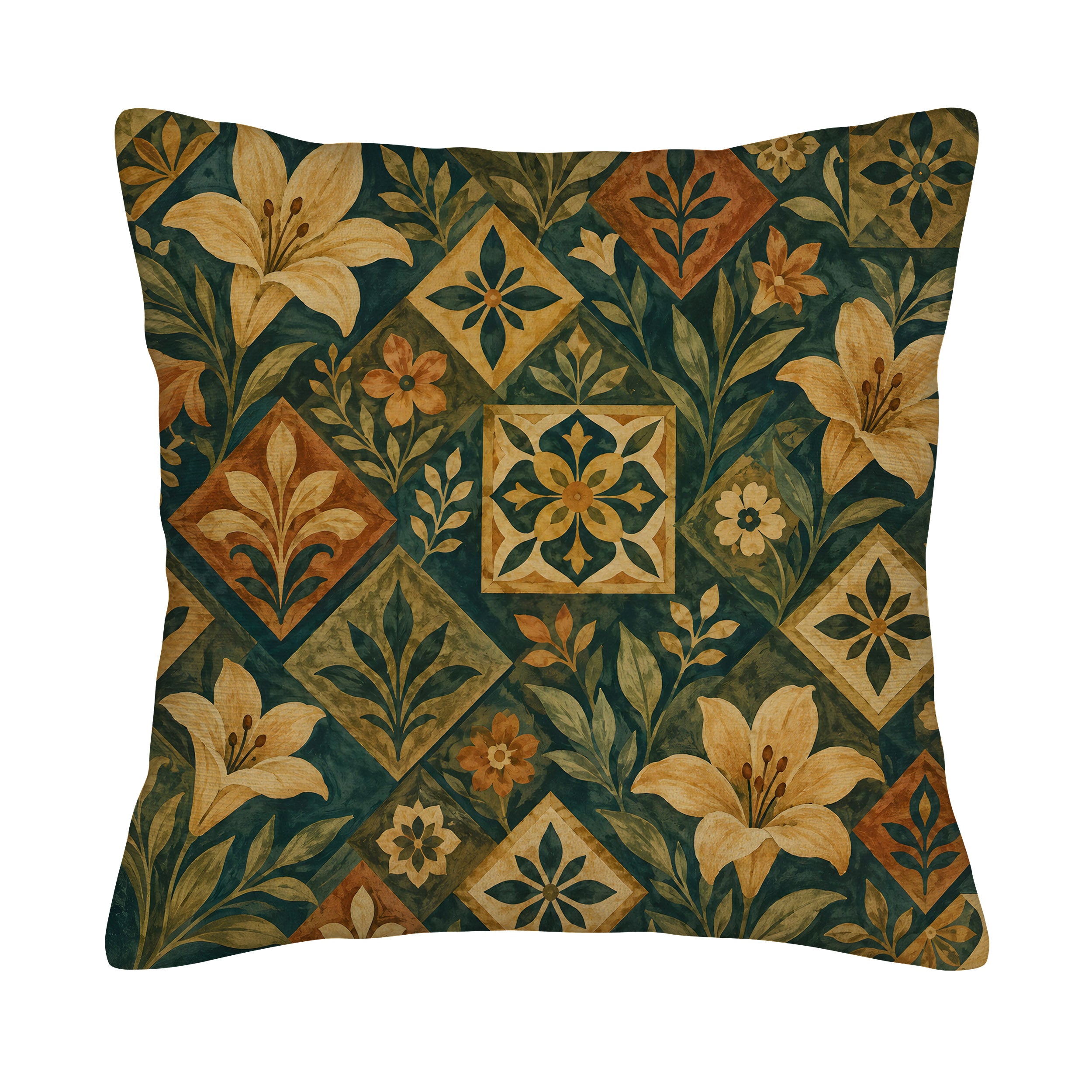 A square decorative throw pillow cover isolated on a pure white background, featuring a vintage botanical tile design with elegant lily flowers, leaves, and geometric floral grids in warm terracotta, gold, and deep forest green tones.