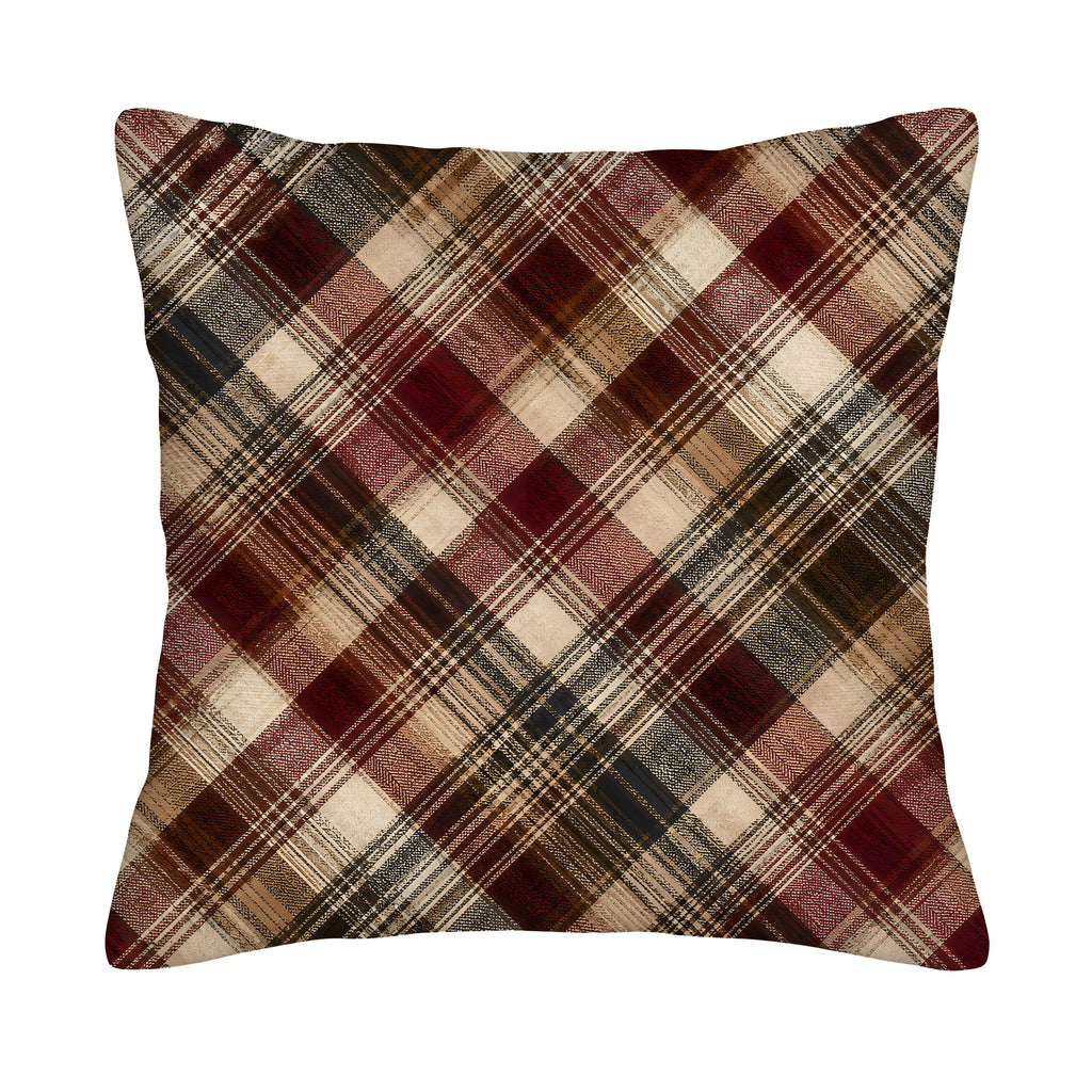 A square decorative throw pillow cover isolated on a pure white background, featuring a classic diagonal plaid tartan pattern in rich burgundy red, chocolate brown, beige, and charcoal gray with a subtle textured print.