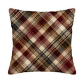 A square decorative throw pillow cover isolated on a pure white background, featuring a classic diagonal plaid tartan pattern in rich burgundy red, chocolate brown, beige, and charcoal gray with a subtle textured print.