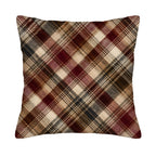 A square decorative throw pillow cover isolated on a pure white background, featuring a classic diagonal plaid tartan pattern in rich burgundy red, chocolate brown, beige, and charcoal gray with a subtle textured print.