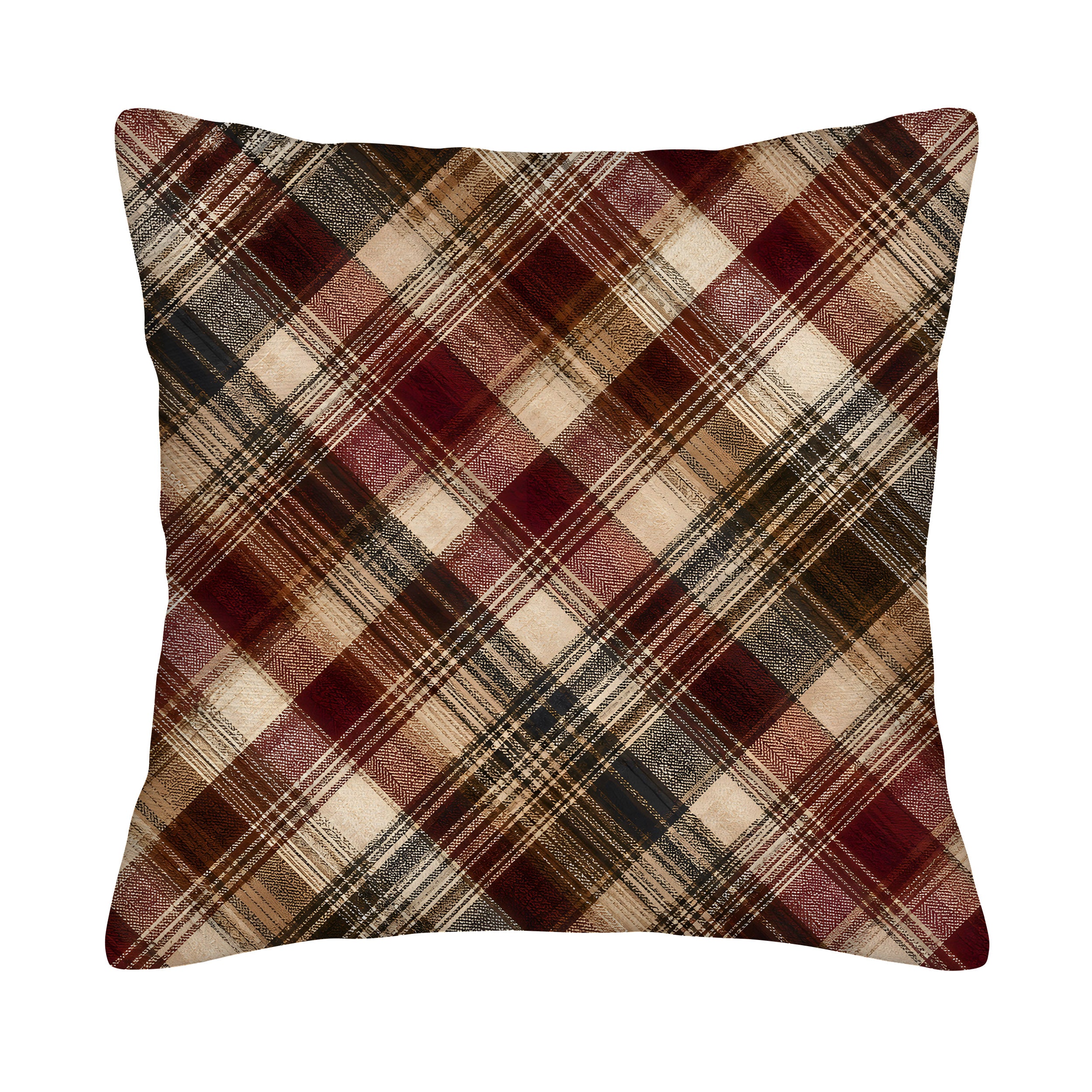 A square decorative throw pillow cover isolated on a pure white background, featuring a classic diagonal plaid tartan pattern in rich burgundy red, chocolate brown, beige, and charcoal gray with a subtle textured print.