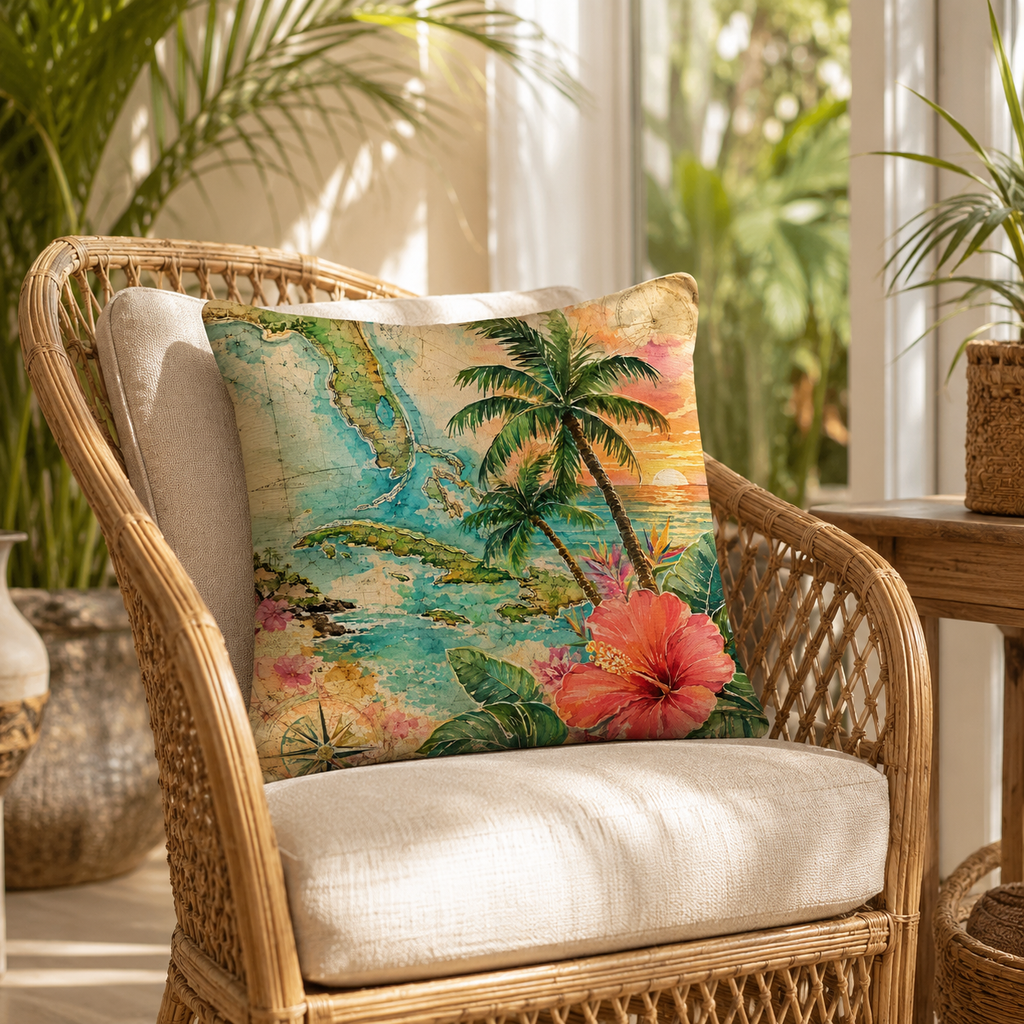 A coastal style throw pillow with a watercolor Caribbean island map and tropical sunset design, styled on a classic rattan armchair in a sunlit room.