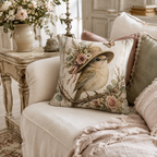 A vintage cottagecore style decorative pillow featuring a watercolor songbird in a straw hat, styled on a plush cream sofa next to a soft pink cushion and a vase of white roses.