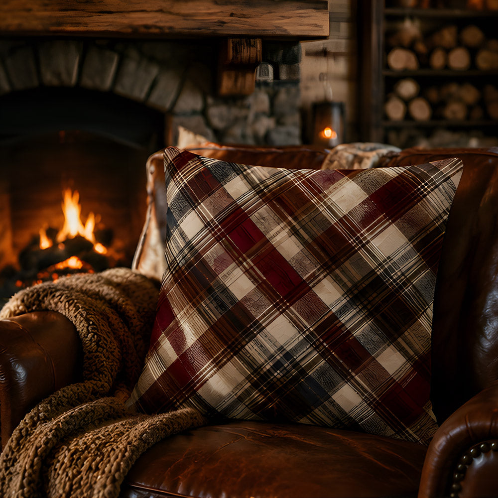A rustic country plaid decorative throw pillow in burgundy, brown, and cream sitting on a vintage brown leather armchair by a roaring brick fireplace with a cozy knit blanket.