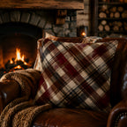 A rustic country plaid decorative throw pillow in burgundy, brown, and cream sitting on a vintage brown leather armchair by a roaring brick fireplace with a cozy knit blanket.