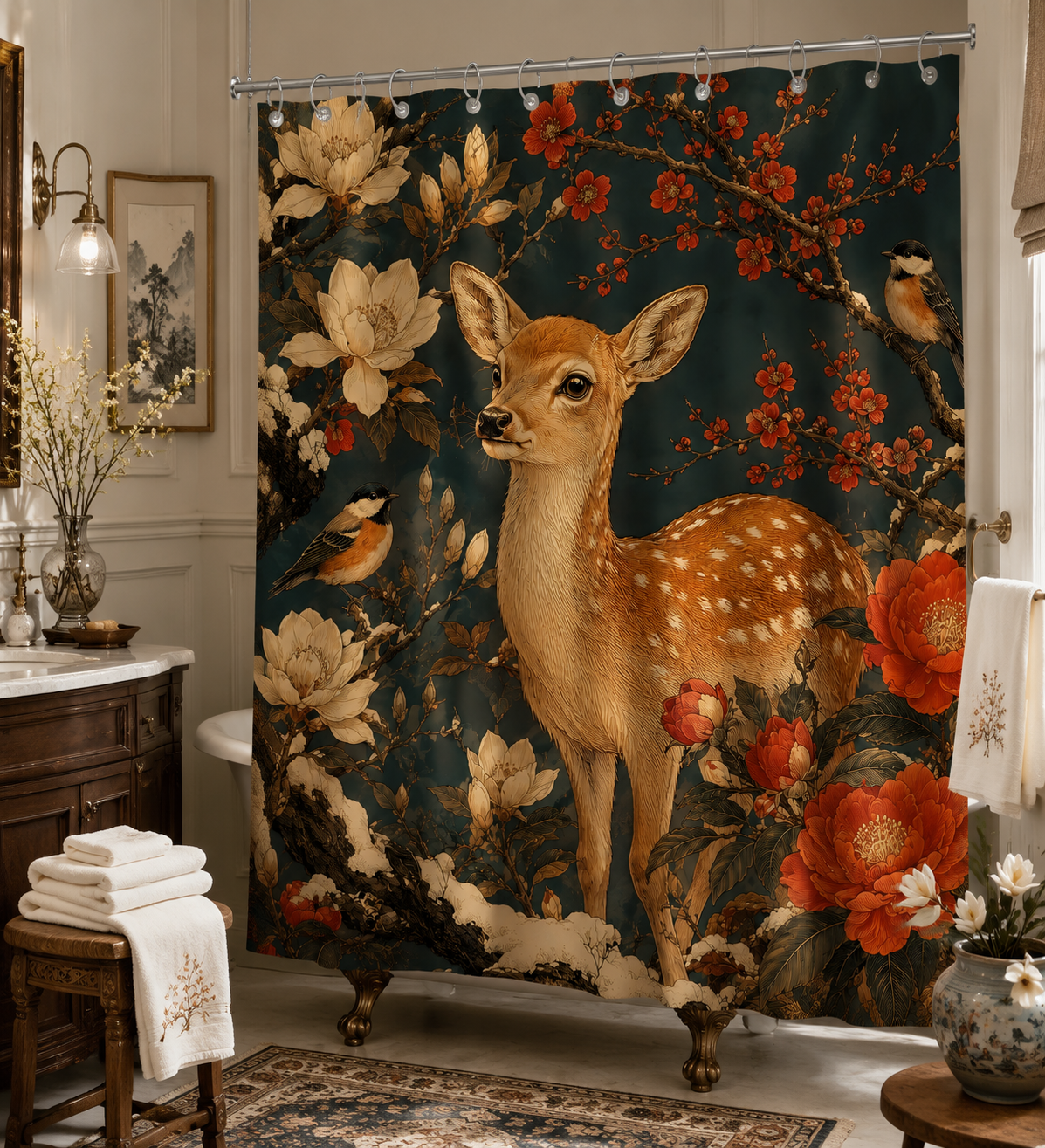 A vintage deer and magnolia blossom shower curtain in a cozy rustic bathroom, paired with a dark brown wooden vanity, retro wall lamp, and a floral ceramic vase.