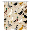 An isolated studio product shot of a rectangular shower curtain with a seamless retro pattern of various duck breeds walking and running.
