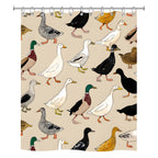 An isolated studio product shot of a rectangular shower curtain with a seamless retro pattern of various duck breeds walking and running.