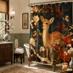 A vintage floral deer shower curtain hanging in a bright bathroom featuring sage green wainscoting, white marble tub, dark wood vanity, and natural bamboo window blinds.