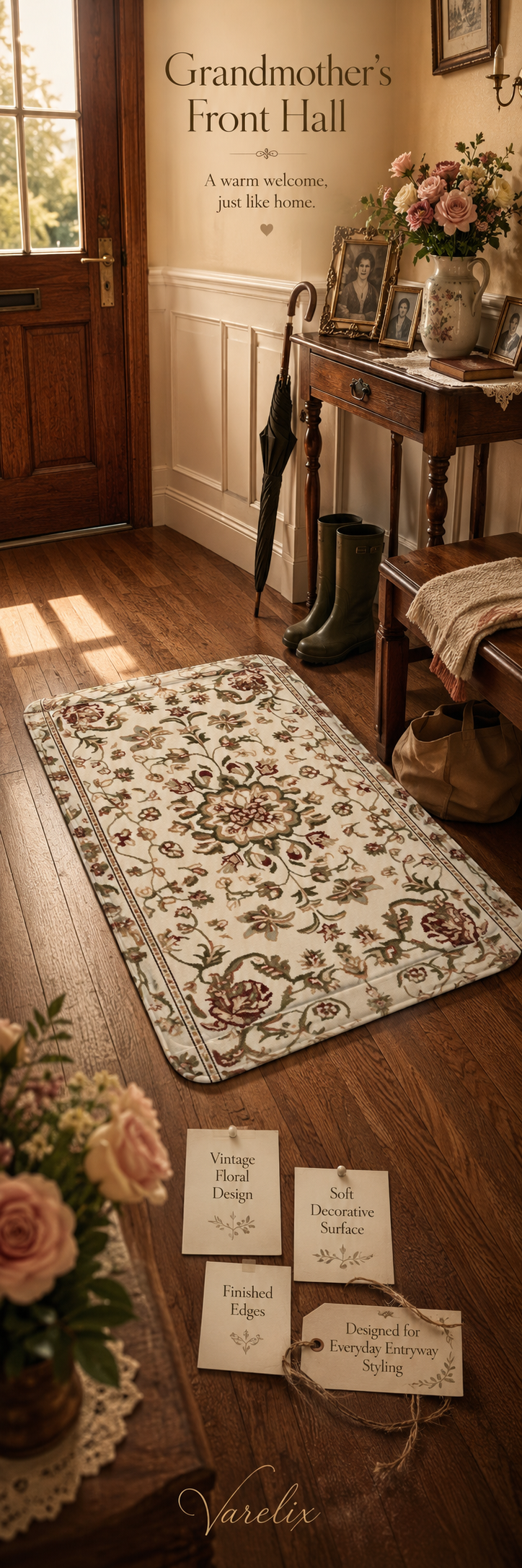 A long lifestyle image showcasing a vintage floral entryway doormat in a classic wooden front hall, featuring typography tags for 'Vintage Floral Design' and 'Soft Decorative Surface'.
