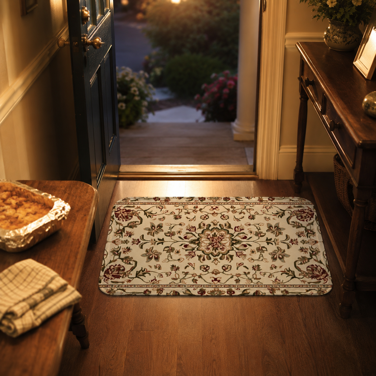 A classic persian style floral doormat placed at a wooden front door entryway inside a cozy hallway lit by warm sunset light.