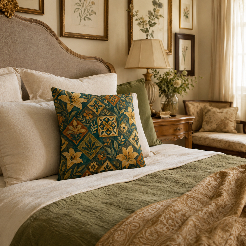 A vintage floral tile-print accent pillow arranged on a cozy bed with a classic tufted fabric headboard, olive green and cream linens, and a warm bedside lamp casting soft light.