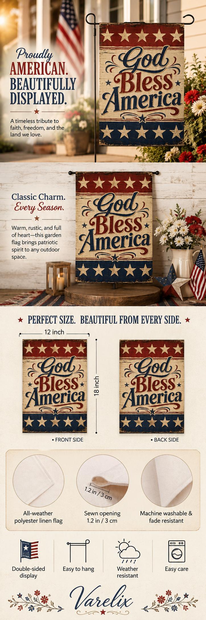 Detailed 12 by 18 inch double-sided rustic patriotic garden flag product description infographic showing premium all-weather linen material features by Varelix.