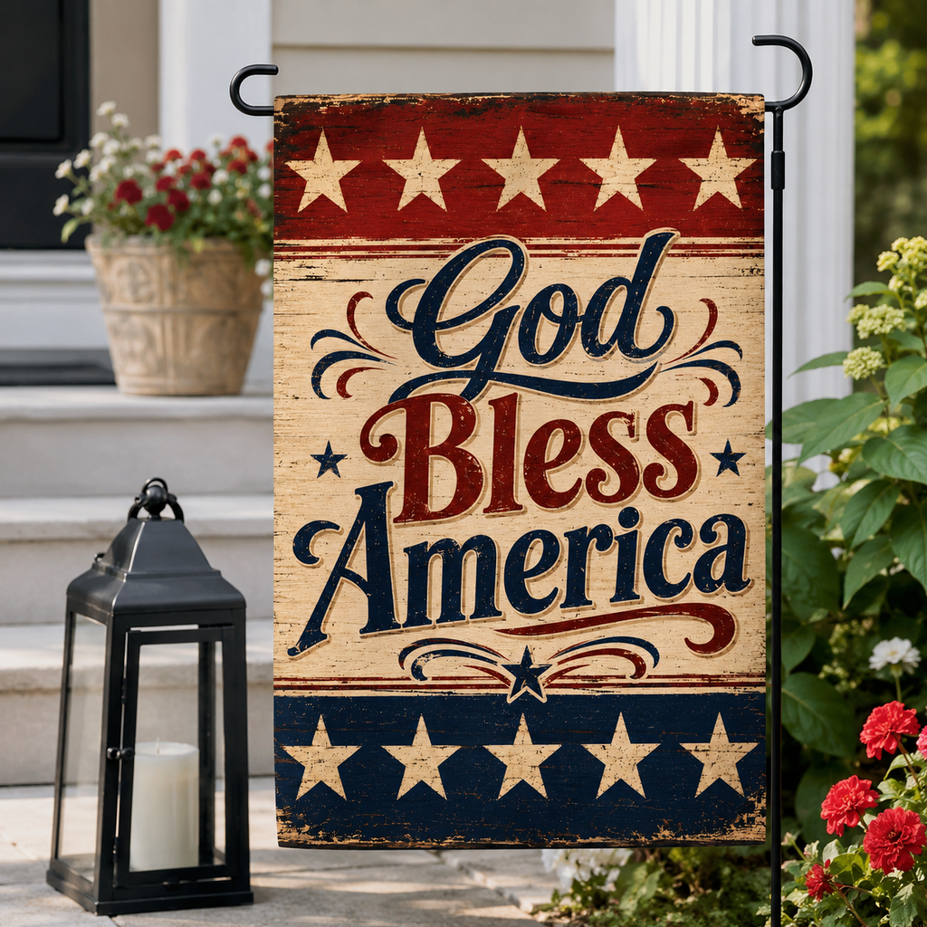 Vintage rustic "God Bless America" garden flag with a distressed red, white, and blue stars and stripes design, displayed next to a black metal candle lantern on porch steps.