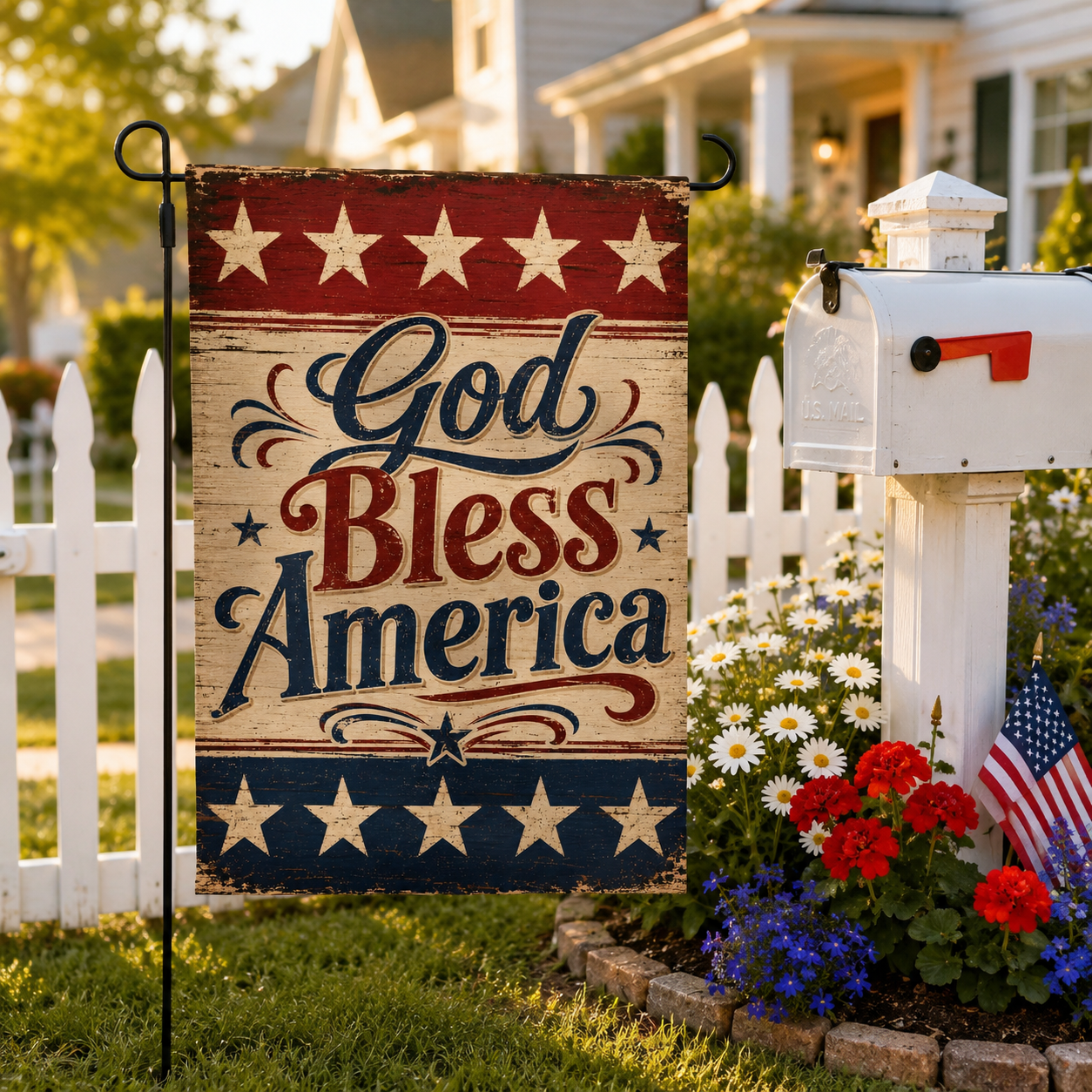 Patriotic seasonal garden flag with elegant cursive "God Bless America" text, placed by a traditional white mailbox, white picket fence, and blooming red and blue flowers.