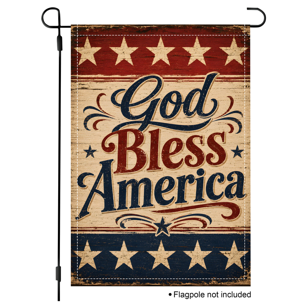 Vertical standard size country style "God Bless America" patriotic garden flag mockup isolated on a solid white background with a black metal stand.